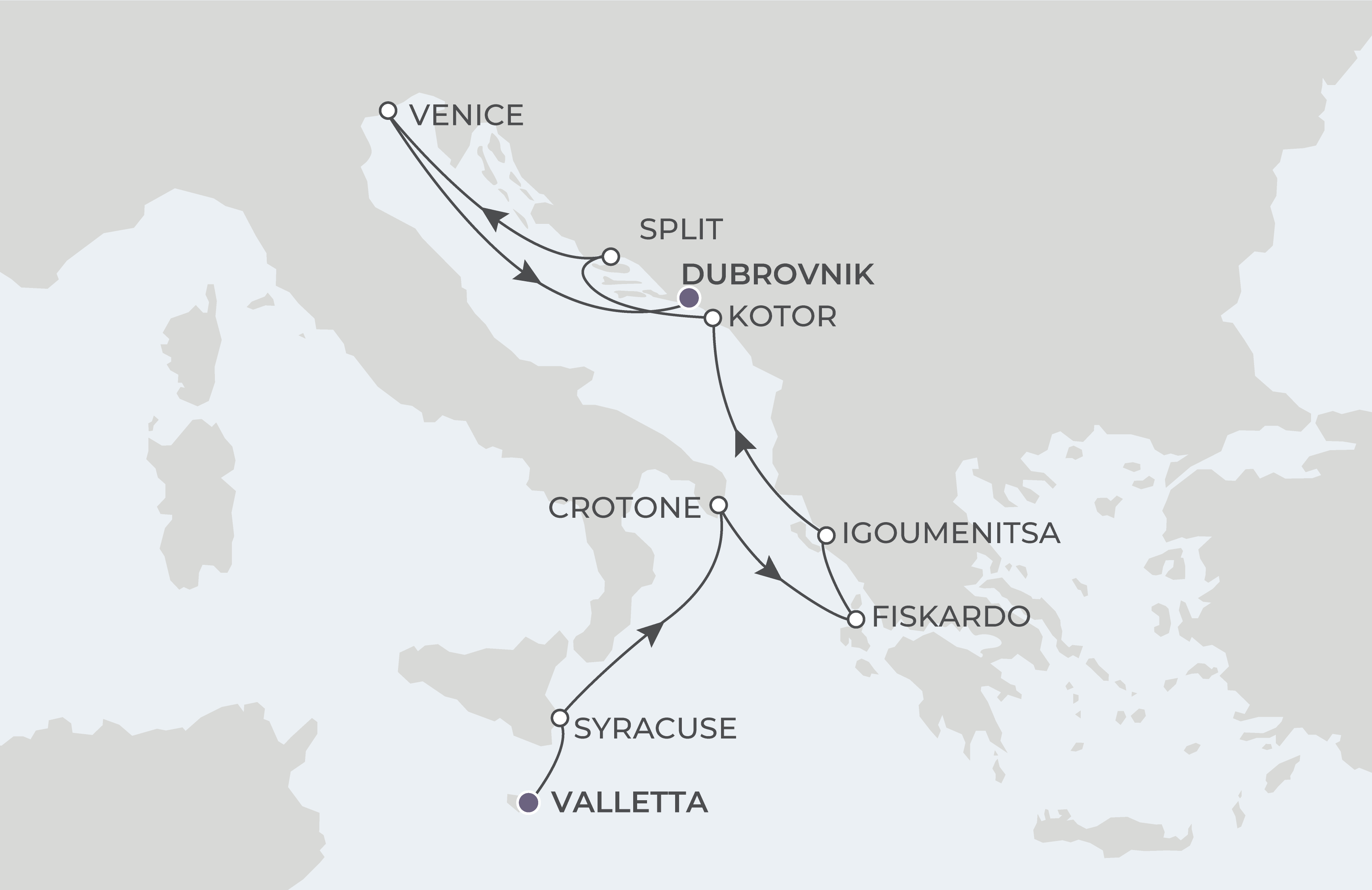Map for 10-Night Valletta to Dubrovnik 6.2.26