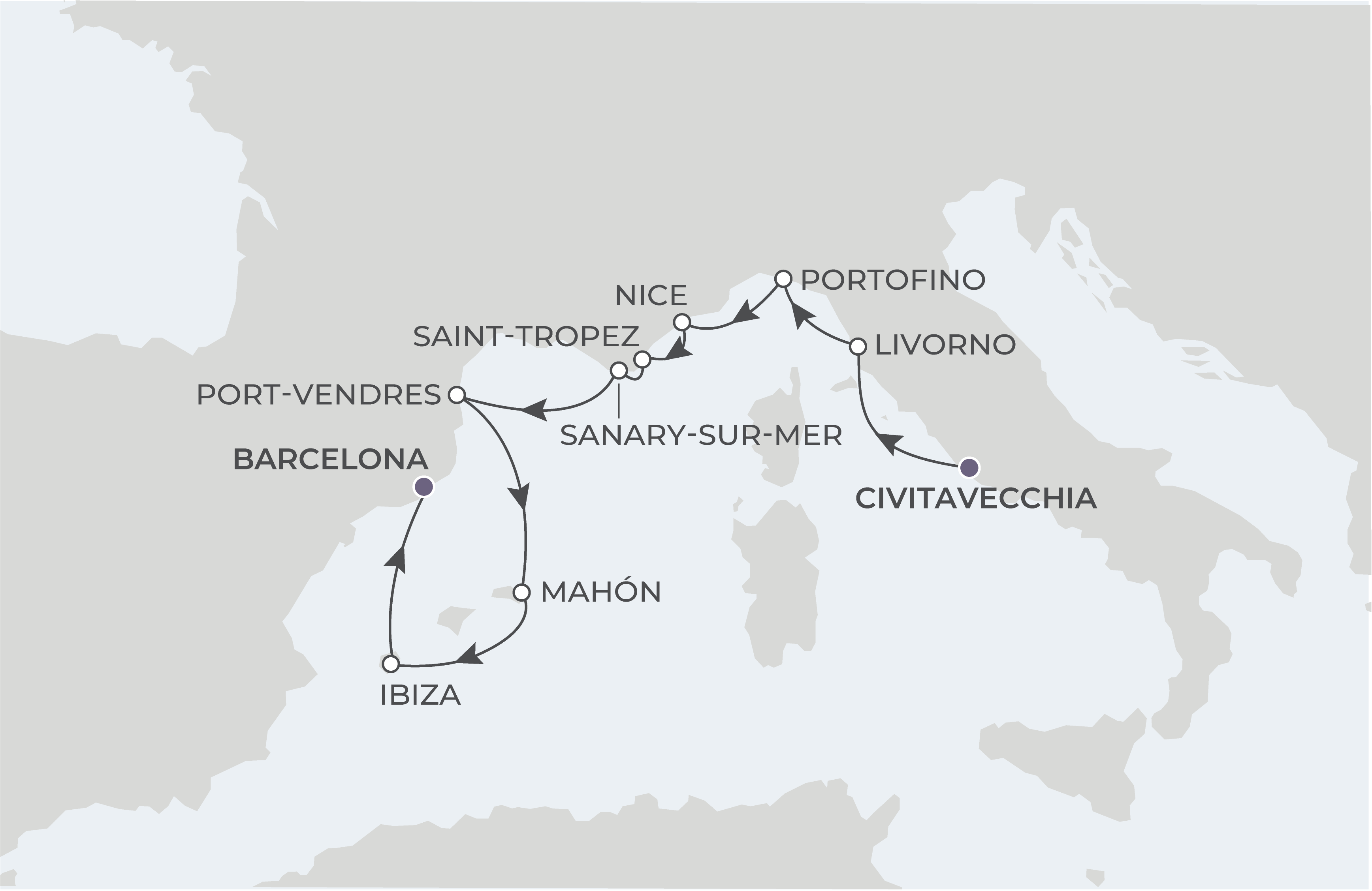 Map for 10-Night Rome to Barcelona 7.30.26
