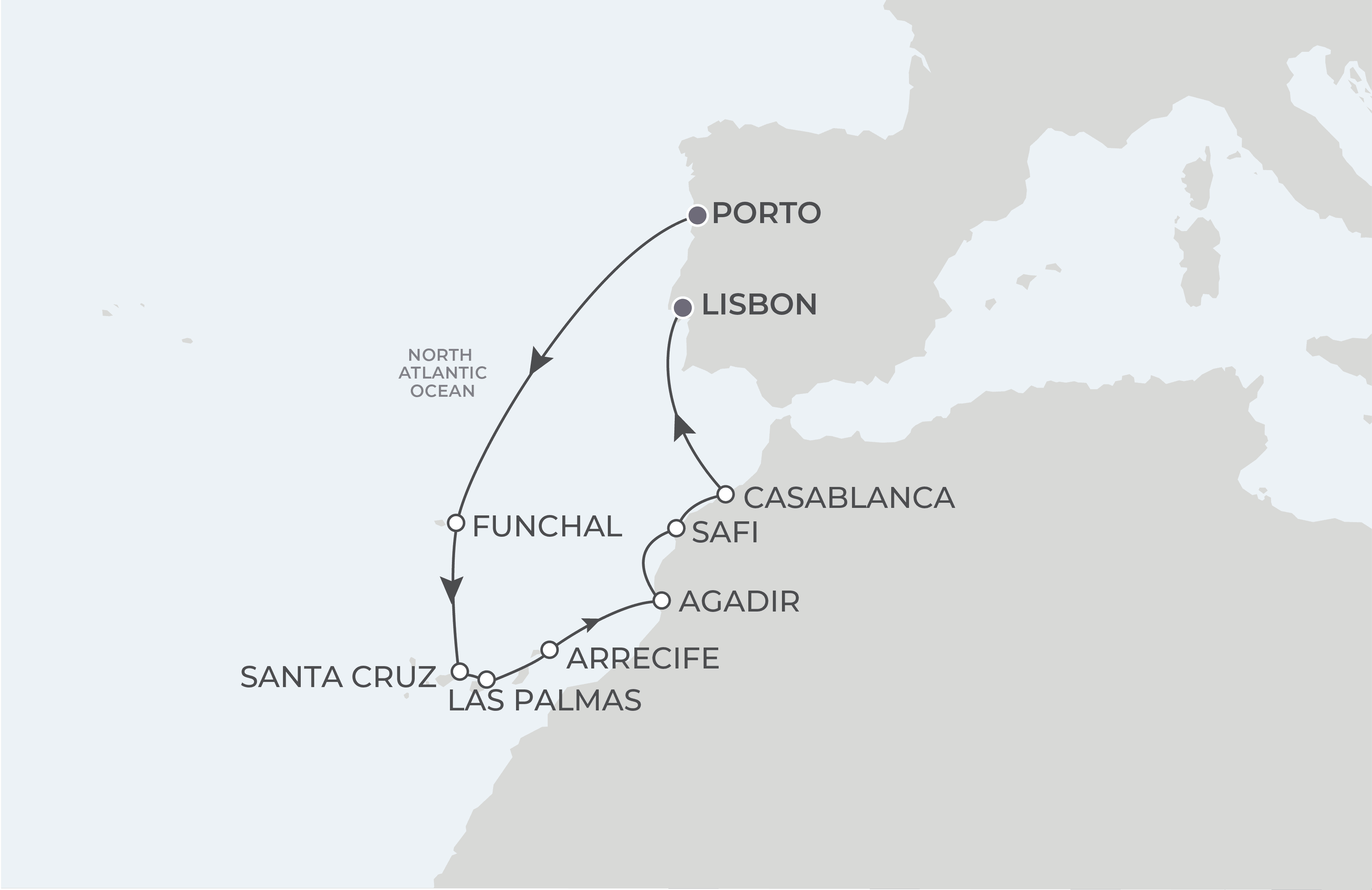 Map for 11-Night Porto to Lisbon 5.13.26