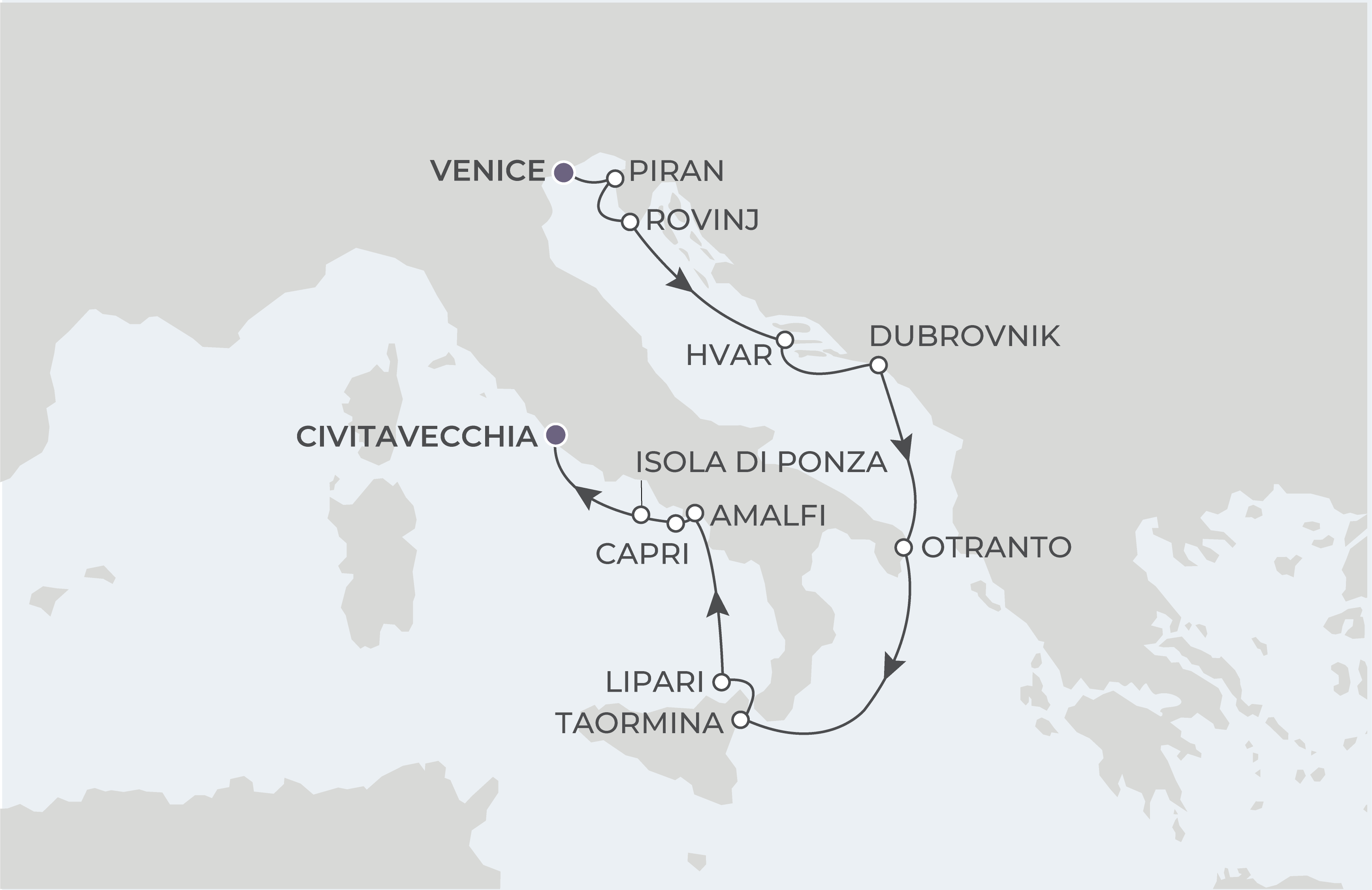 Map for 11-Night Venice to Rome 6.20.26