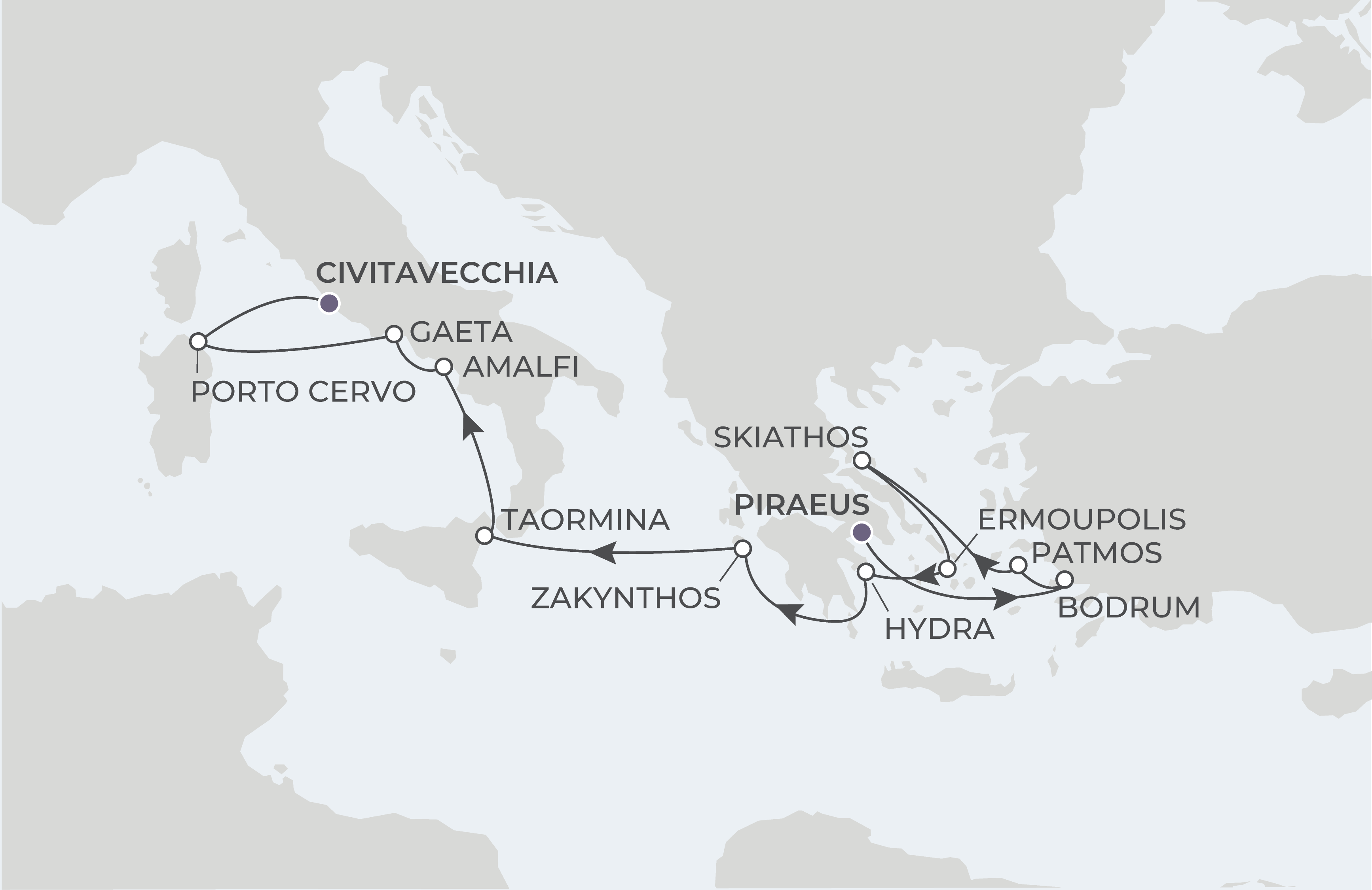 Map for 13-Night Athens to Rome 8.27.26