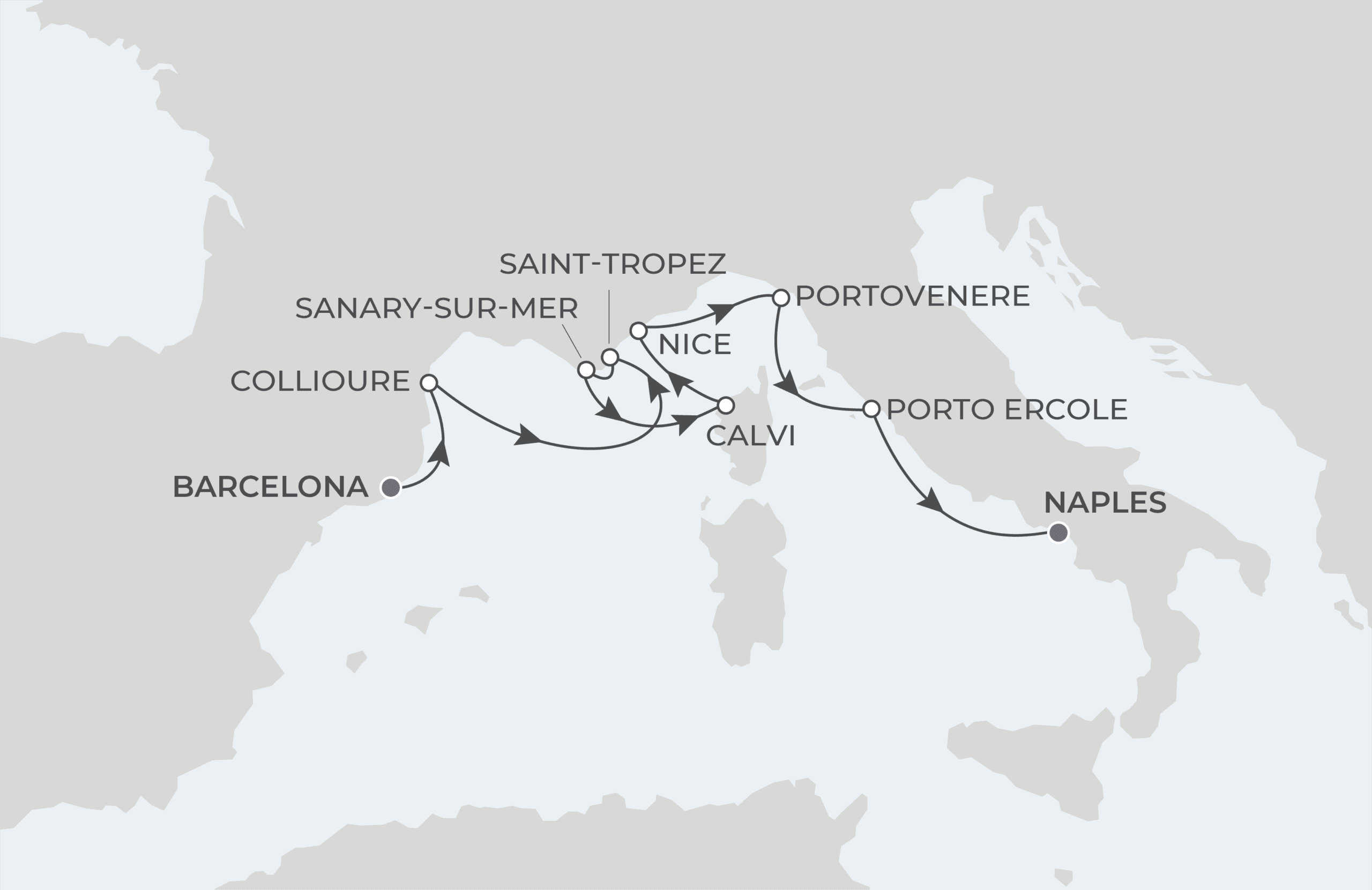 Map for 8-Night Barcelona to Naples 5.1.27