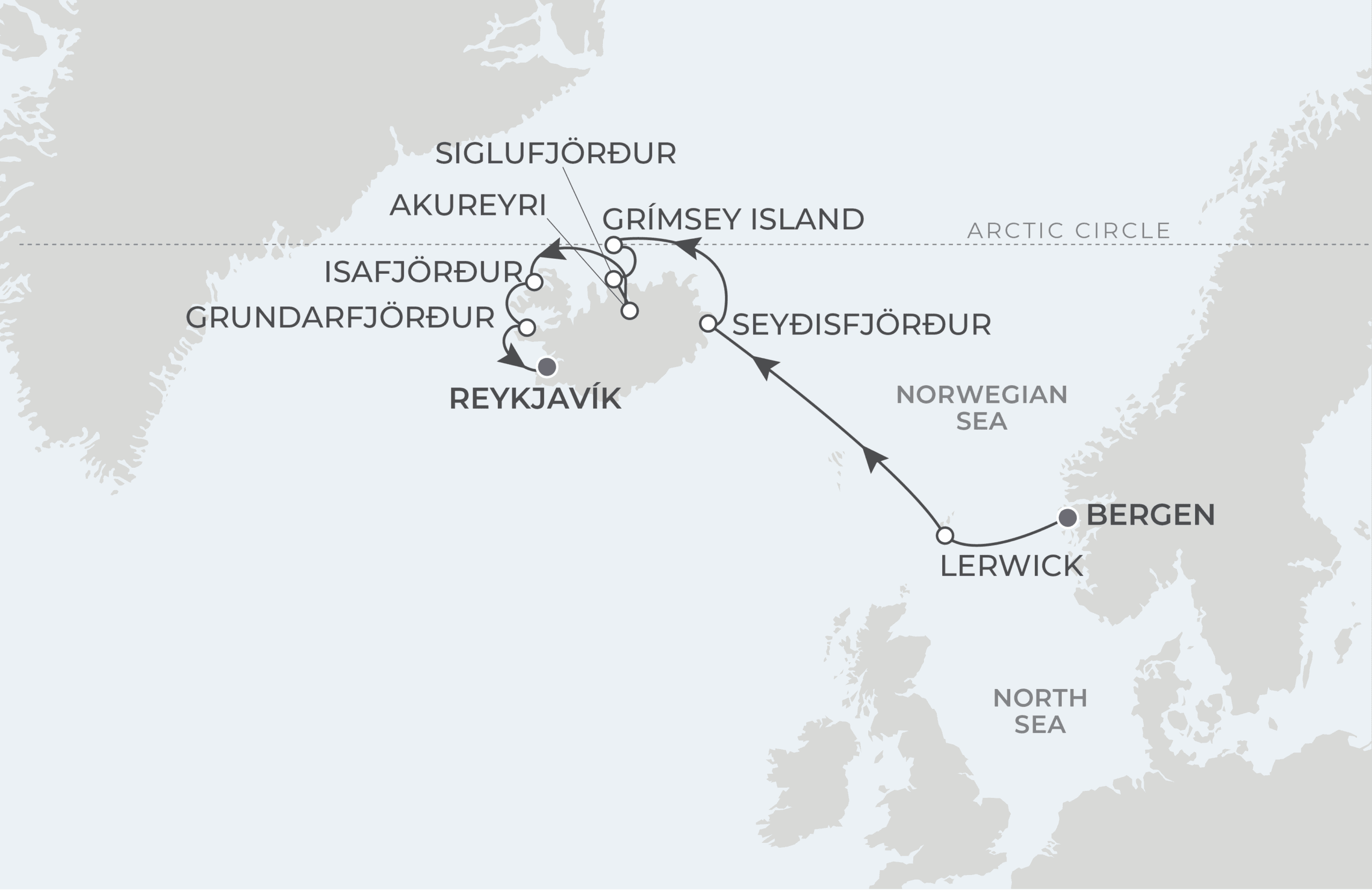 Map for 9-Night Bergen to Reykjavik 5.27.27