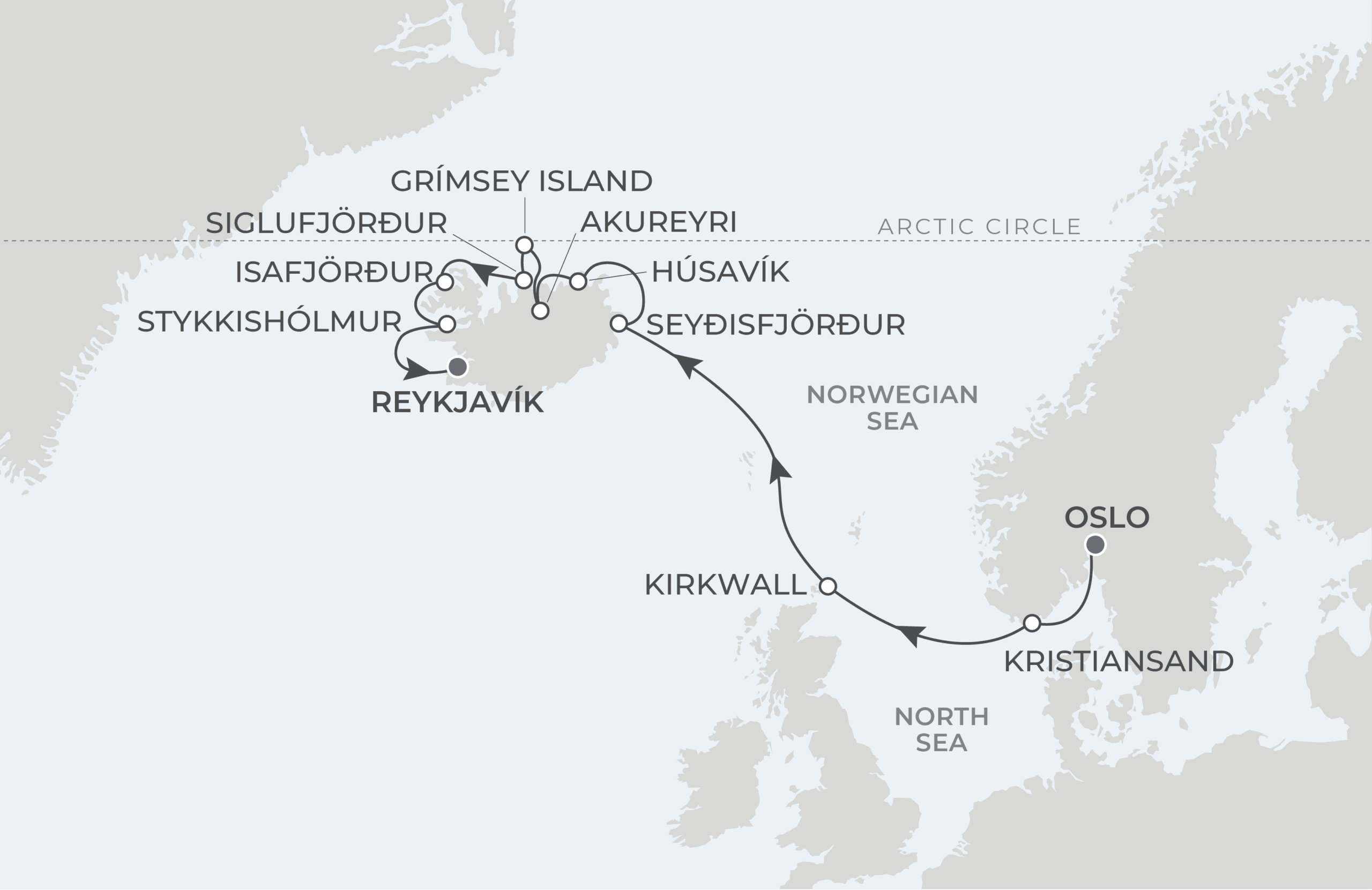 Map for 11-Night Oslo to Reykjavik 6.19.27