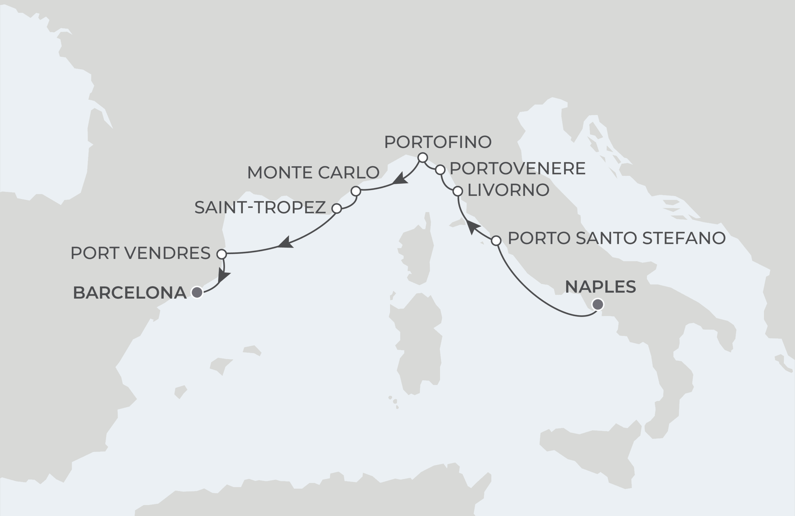 Map for 8-Night Naples to Barcelona 10.1.27