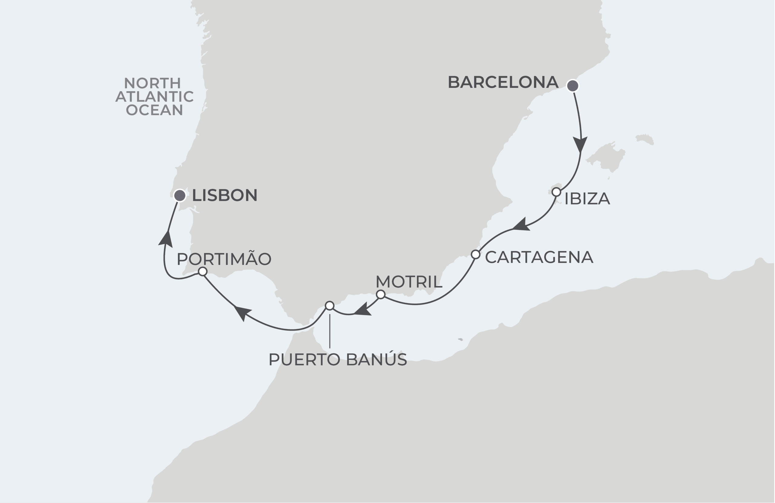 Map for 8-Night Barcelona to Lisbon 7.27.27