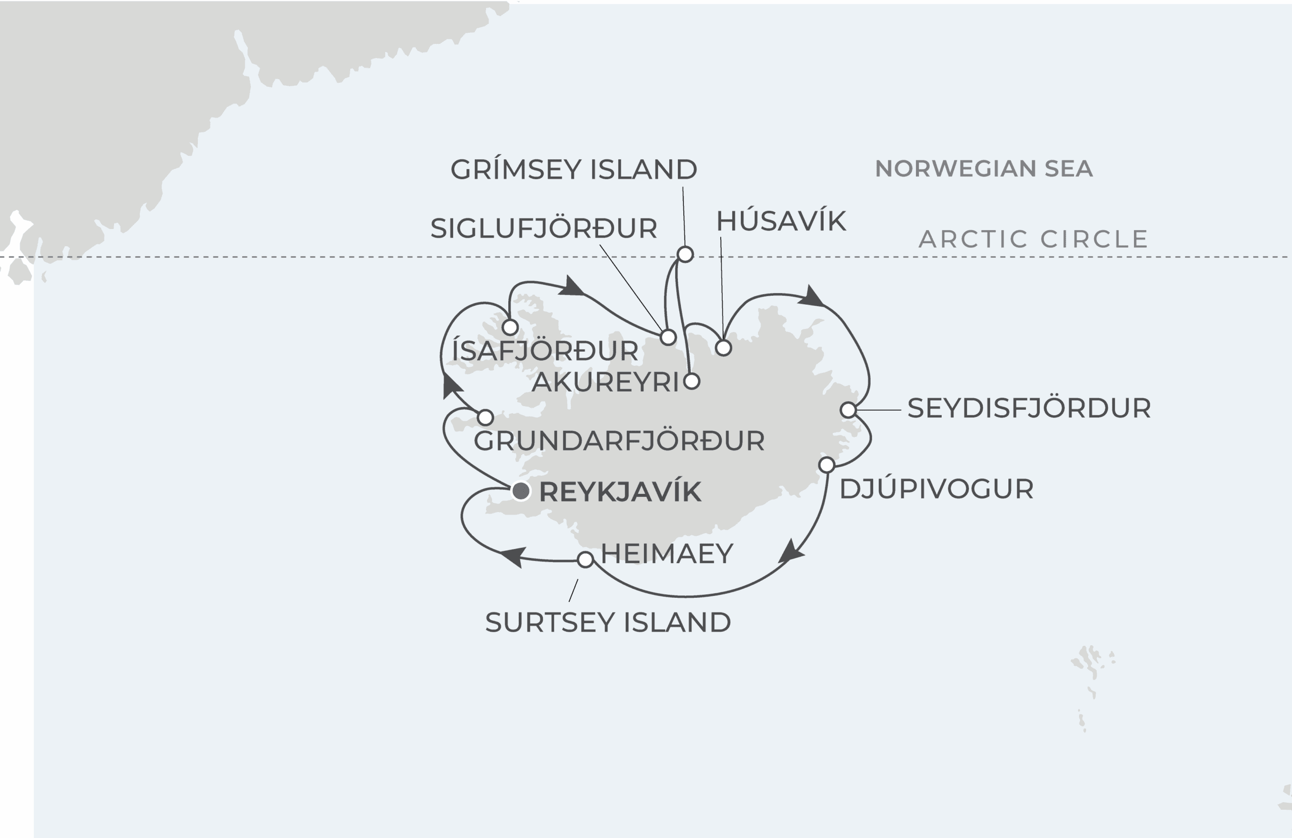 Map for 10-Night Reykjavík Roundtrip 9.4.27